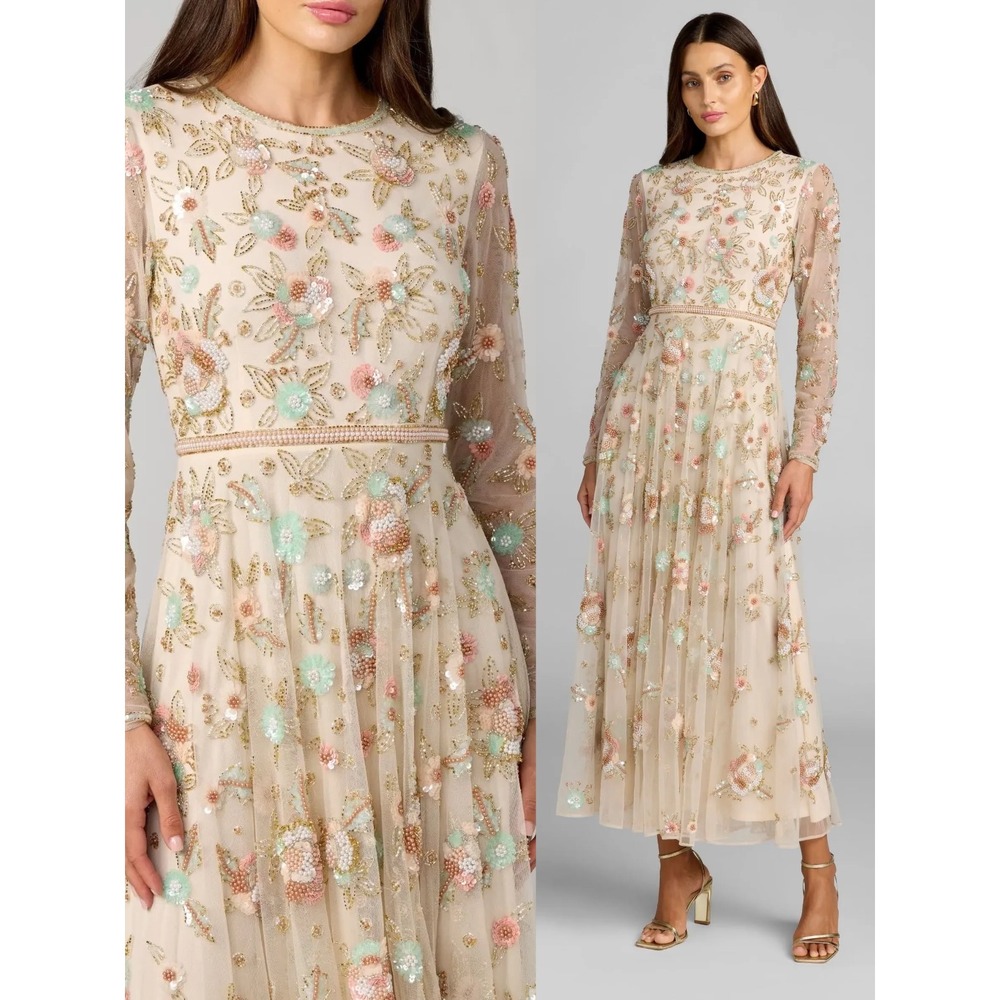 Mac Duggal Beige Floral Embellished Long Sleeve Midi Dress $898 - Size 10